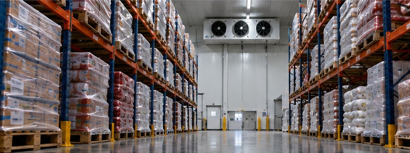 Imagen de estanterías con palés en un almacén frigorífico