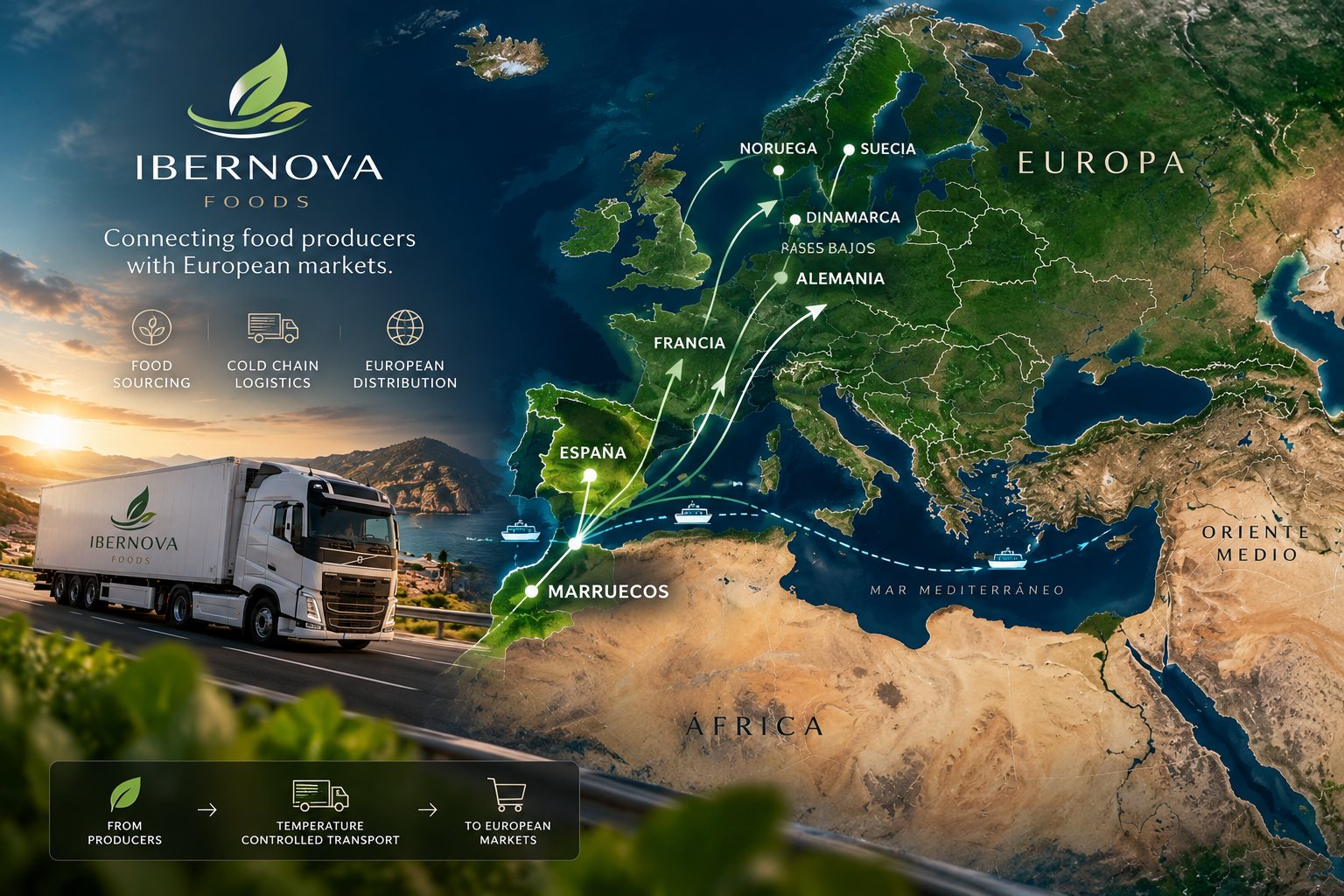 Mapa de Europa con rutas de distribución desde España